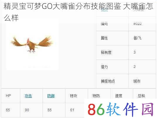精灵宝可梦GO大嘴雀分布技能图鉴 大嘴雀怎么样